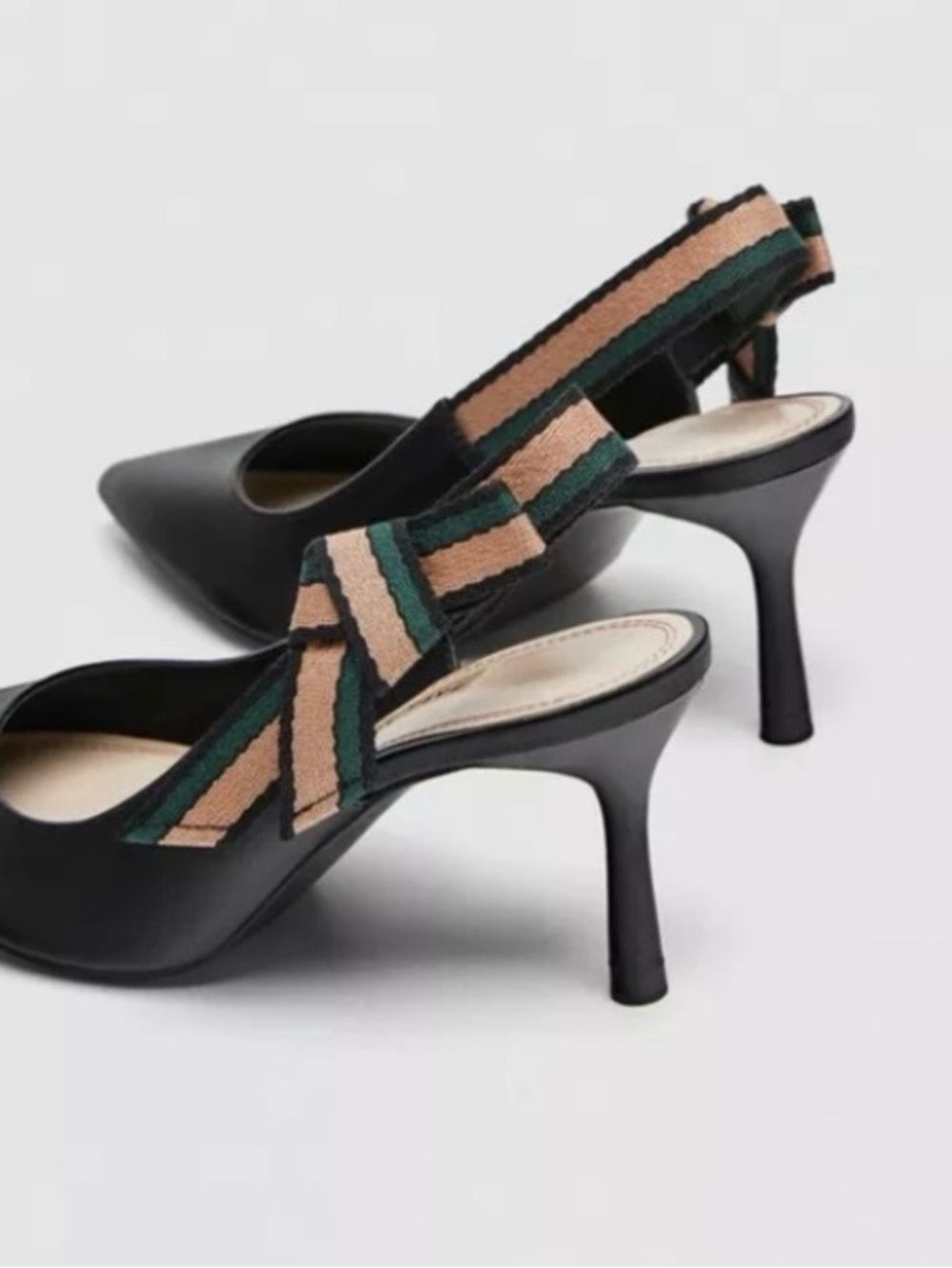 Title:
Zara Basic Black Leather Slingback Heels w/ Striped Bow Strap | Size 8